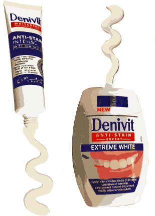 Illustreret version af Denivits produkter, 2 in 1 extreme white og professional whitening toothpaste