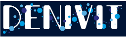 Denivit logo, hvid tekst med blå prikker